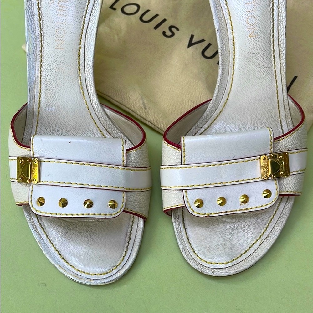 Vintage Louis Vuitton White Heels with Gold Studs and unique Hardware - Picture 5 of 10